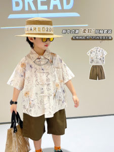 Boys Summer Lightweight Short Sleeve Shirt And Pants Set Stand Collar Tang Costume Two-Piece Suit Casual Cotton Blend Garment