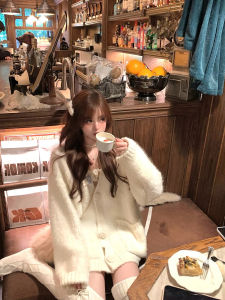 White Mink Velvet Knitwear Outerwear Womens Loose Design Sensation Lazy Style Autumn Winter V-neck Long Sleeve Warmth Emitting Top