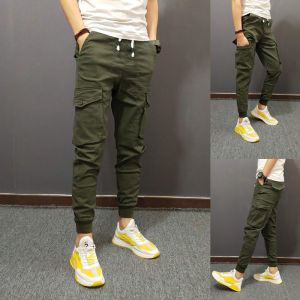 Slim Fit Workwear Trousers for Men Casual Khaki Green Pure Color Spring Autumn Winter Fashion Trend Elastic Waist Pants