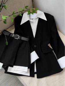 2024 Spring plus Size Matching a Whole Suit Fashion Korean Fake Two-Piece Slimming Suit High Waist Culottes Two-piece Set