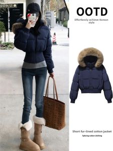 ZUKUN | Hooded Slim Fitted Waist Cinched Navy Blue Womens Winter Cotton Padded Jacket