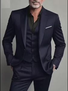 Mens Smart Casual Solid Slim Fit Suit 3-Piece Set Notch Lapel Jacket Vest Pants Wedding Groom Tuxedo Business Men Clothes