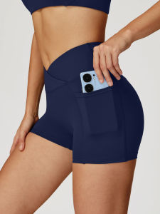 Womens High Waisted Crossover Yoga Shorts with Side Pockets Workout Running Athletic Biker Shorts for Gym Fitness