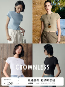 Crownless Skin-friendly Combed Cotton Blend round Neck Short Sleeve T-shirt Womens New Summer Logo Decoration Label Casual Style Slim Fit