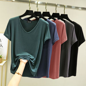 V-neck Modal Short-Sleeved T-shirt Womens Summer Plus Size Thin Inner Match Loose Bottoming Shirt Minimalist Pure Color Outerwear Top