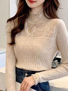 ผู้หญิง สลิมฟิต เสื้อฐานแขนยาวครึ่งสูง ปกเสื้อ เสื้อสเวตเตอร์ถัก เสื้อตัวในขอบลายไม้ ฤดูใบไม้ร่วง ฤดูหนาว แบบใหม่ เสื้อท่อนบน