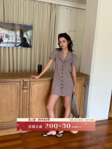 Elegant Retro Plaid Single Button Suit Dress Commute High Waist A-Line Cotton Summer Short Sleeve Shirt Dress