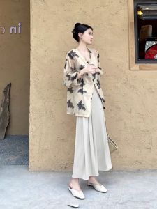 Stylish Elegant 2026 Spring Womens Two-Piece Set French Design Ink Print Top and Skirt