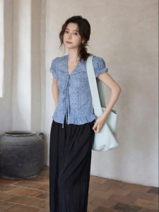 seemon | Summer Office Style V-Neck Striped Puff Sleeves Shirt with Layered Hem