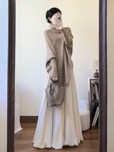 Autumn Winter Soft Elegant Camel Knitted Dress Set Lazy Chic High Waist A-Line Skirt Long Sleeve round Neck Casual Fashion