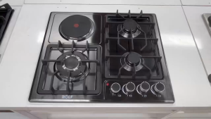 60CM Built‑in Gas & Electric Hob 3 Gas Burner 1 Electric Hot Plate Stainless Steel Panel Pulse Ignition Flame‑Out Safety with Cast Iron Grate for Kitchen