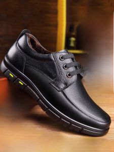 SHIPAILUO | Mens Winter Fleece Lined Leather Shoes Casual Slip-On Warmth Business Round Toe Low Heel Rubber Outsole Comfortable Leather