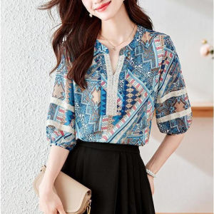 Ethnic Style Printed Shirt Women Summer Fashion Floral Top New V-neck Design National Chiffon Short Sleeve Top