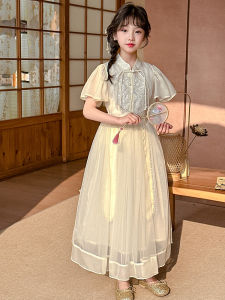 ชุดเดรสผ้าไหมสไตล์จีนฤดูร้อนสำหรับเด็กผู้หญิง ชุดสองชิ้น เดรสยาวปานกลาง แขนสั้น คอตั้ง สไตล์จีนใหม่ แฟชั่น