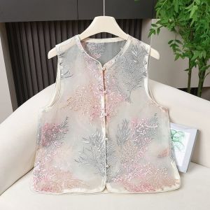 New Chinese Style National Style Vest Womens 2024 Summer New Arrival Classy Retro Embroidered Chinese Knot Button Sleeveless Waistcoat Vest Outer Wear
