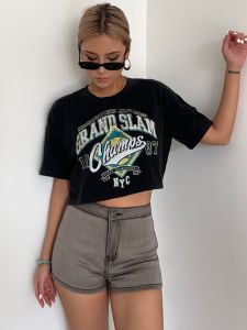 Retro American Hot Girl Print Slim High Waist Short T-Shirt Cotton Sweet And Spicy Versatile round Neck Short Sleeve Top