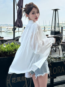 White Casual Shirt Jacket Womens Loose Fit Long Sleeve Thin Outerwear Summer 2025 Style Elegant Open Cardigan Shoulder Wrap