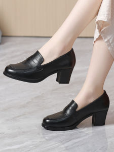 Comfortable Soft Leather Mom Shoes Spring New Style Chunky Heel Fashionable Single Shoes Womens Autumn Spring Soft Leather High Heels