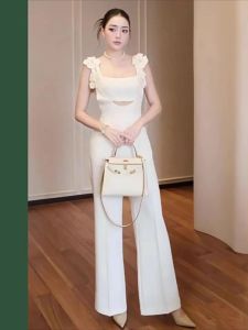 French Luxury 3D Flower Camisole Jumpsuit Summer High-end Waist-Cinching Flared Legs