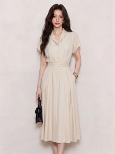 QFN | Slim Fit French Style Belted Short Sleeve Midi Dress