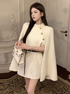 Elegant Womens Cloak Coat Korean Style Button Detail Half High Collar Regular Length Non-Fur Coated Back Color Long Lasting