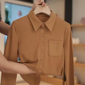 เสื้อเชิ้ตคอโปโลแขนยาวแฟชั่นสำหรับผู้หญิง สไตล์เกาหลี สีพื้น ทรงหลวม ปกติ ฤดูใบไม้ร่วง 2023 เสื้อเชิ้ตผู้หญิงคอโปโลสีพื้นแบบทันสมัย