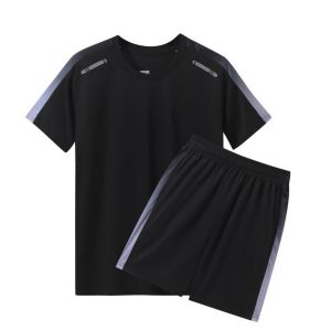 Summer new mens badminton training gradient striped print breathable round neck T-shirt shorts set outdoor sportswear
