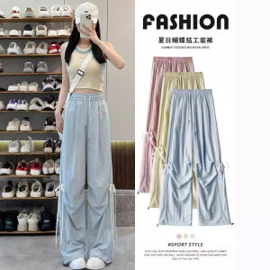 กางเกงลำลองผู้หญิงสไตล์อเมริกันสีสันสดใสพร้อมโบว์ผูกปมผีเสื้อ กางเกงขายาวทรงหลวมสำหรับฤดูใบไม้ร่วงและฤดูหนาว