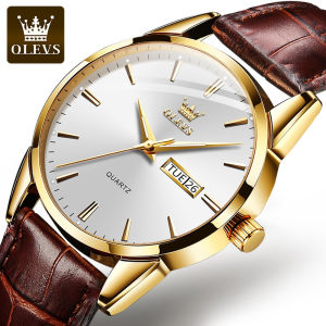 OLEVS 6898 Business Quartz Men Watch Gift Genuine Leather Watchband Round-dial Wristwatch Week Display Calendar