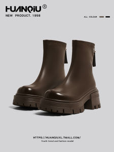 HuanQiu Womens Fleece Lined Thick Heel Martin Boots Black Short Fashion Leather Surface Casual round Toe Zipper Closure Boots