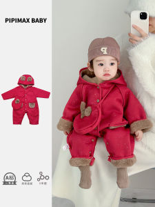 Baby New Year Celebration Suede Romper Thick Cotton Suit for Boys And Girls Winter Festive Outfit Korean Style Long Sleeve Onesie