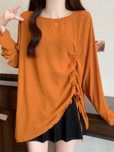 Womens Oversized T-shirt Spring Loose Fit Conceal Meat Slimming Versatile Top Drawstring Hem Design Korean Style Long Sleeve