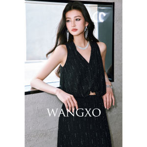 WANGXO | Áo Thun V-Neck Bóng Lấp Lánh Dây Chuyền Chân Váy Xòe Cao
