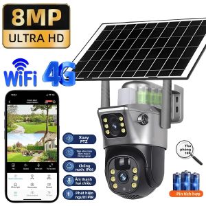 Camera IP Không Dây Năng Lượng Mặt trời/WIFI 8MP Có Ống Kính Kép Giám Sát Ngoài Trời Chống Nước Với Pin Tích Hợp Camera An Ninh V380Pro Để Sử Dụng Trong Nhà/ngoài Trời