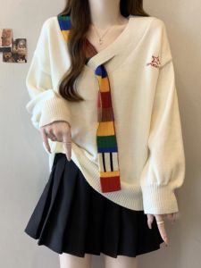 Áo Len Dệt Kim Dài Tay Màu Cầu Vồng Cho Nữ Mùa Xuân Thu Cỡ Lớn Thời Trang Đẹp Cổ Chữ V Thắt Lưng Lụa Mềm Mại Thoải Mái