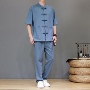 JIARONG | Mandarin Collar Summer Ice Silk Tang Style Traditional Chinese Two Piece Set