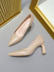 Nude Soft Leather High Heels Thick Heel 2022 Spring New Style Versatile Open-Toe Pointed Toe Professional Womens Shoes