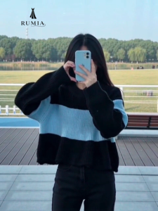 RUMIA Women Color Block Knit Sweater Long Sleeve Oversized Pullover Round Neck Korean Style Soft Warm Casual Winter Jumper