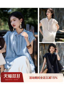 XiaoHanGe Pure Color Linen Collar Pleated Shirt Refreshing Anti-Aging Loose Fit Regular Sleeve Short Sleeve Button up OL Style