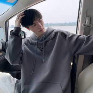 เสื้อสเวตเตอร์มีฮู้ดพิมพ์ลายดอกไม้สำหรับผู้ชาย สีแดงเข้ม ทรงหลวม แฟชั่นฤดูใบไม้ผลิและฤดูใบไม้ร่วง ทรงหลวม สไตล์อเมริกัน แจ็คเก็ตสเวตเตอร์มีฮู้ด