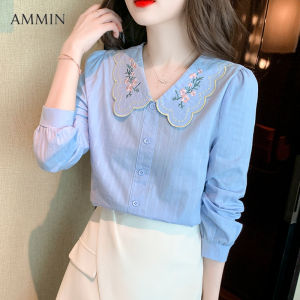 AMMIN Chinese style peach blossom embroidered lapel lace stitching pure cotton shirt New fashion chic bubble sleeve texture texture long sleeve doll l collar embroidered blouse leisure office commingle Tops