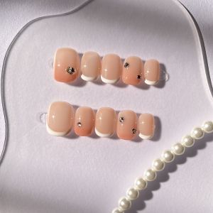 Handmade French Nude Short Wearable Nail Tips Diamond Embedded Detachable Simple Elegant White Enhancing Nail Patches