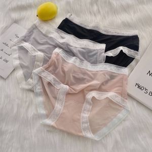 Ice Silk Underwear for Women 2024 New Arrival 7A Antibacterial Cotton Crotch Summer Thin Mid-Waist Lace Girls Young Adult Briefs