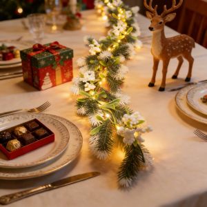 Christmas Table Garland Warm White LED Fairy Lights with Snowy Evergreen Branches and White Berry Clusters for Holiday Decor
