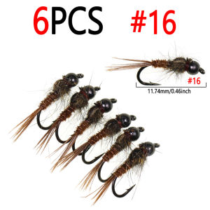 Bimoo 6PCS #14 #16 #18 Brass Bead Head Pheasant Tail Nymph Hares Ear Fast Sinking Wet Fly Trout Bass Grayling Fly Fishing Lures