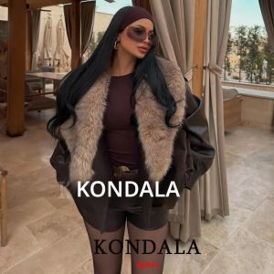 เสื้อแจ็คเก็ตหนังคอขนสัตว์ KONDALA สตรีทแวร์ แขนยาว มีกระเป๋า เสื้อโค้ทโอเวอร์ไซส์ แฟชั่น 2026 ฤดูใบไม้ร่วง ฤดูหนาว เสื้อคลุม