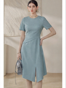 Roey s house | French Commuter Blue Slim Waist Stylish Split A-Line Dress