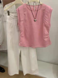 PAIBOLI | Dopamine Pink Cotton Linen Short Sleeve Shirt Women Summer Design Unique Fairy Tale Sweet Linen Top For Women By Burberry