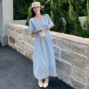 YINLUOYA | Blue Bohemian Summer Dress Elegant Style A-Line Midi Skirt Short Sleeve V-Neck High Waist For Women Age-Defying New 2025 Model