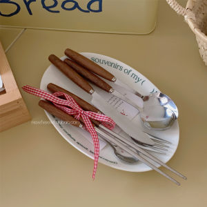 Retro Wood Handle Chopsticks Spoon Set Stainless Steel Dessert Knife Fork Home Dining Utensils Restaurant Quality Cutlery Set